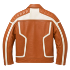 Men’s Tan White Leather Moto Biker Jacket | Zip-Up Racing Style Jacket