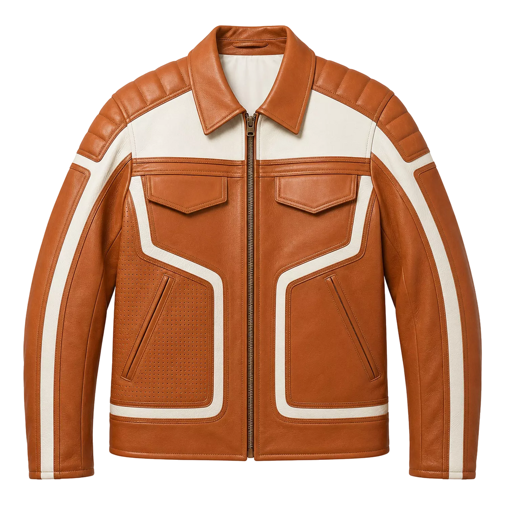 Men’s Tan White Leather Moto Biker Jacket | Zip-Up Racing Style Jacket