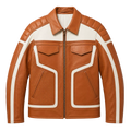 Men’s Tan White Leather Moto Biker Jacket | Zip-Up Racing Style Jacket