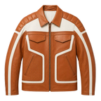Men’s Tan White Leather Moto Biker Jacket | Zip-Up Racing Style Jacket