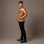 Men’s Tan White Leather Moto Biker Jacket | Zip-Up Racing Style Jacket