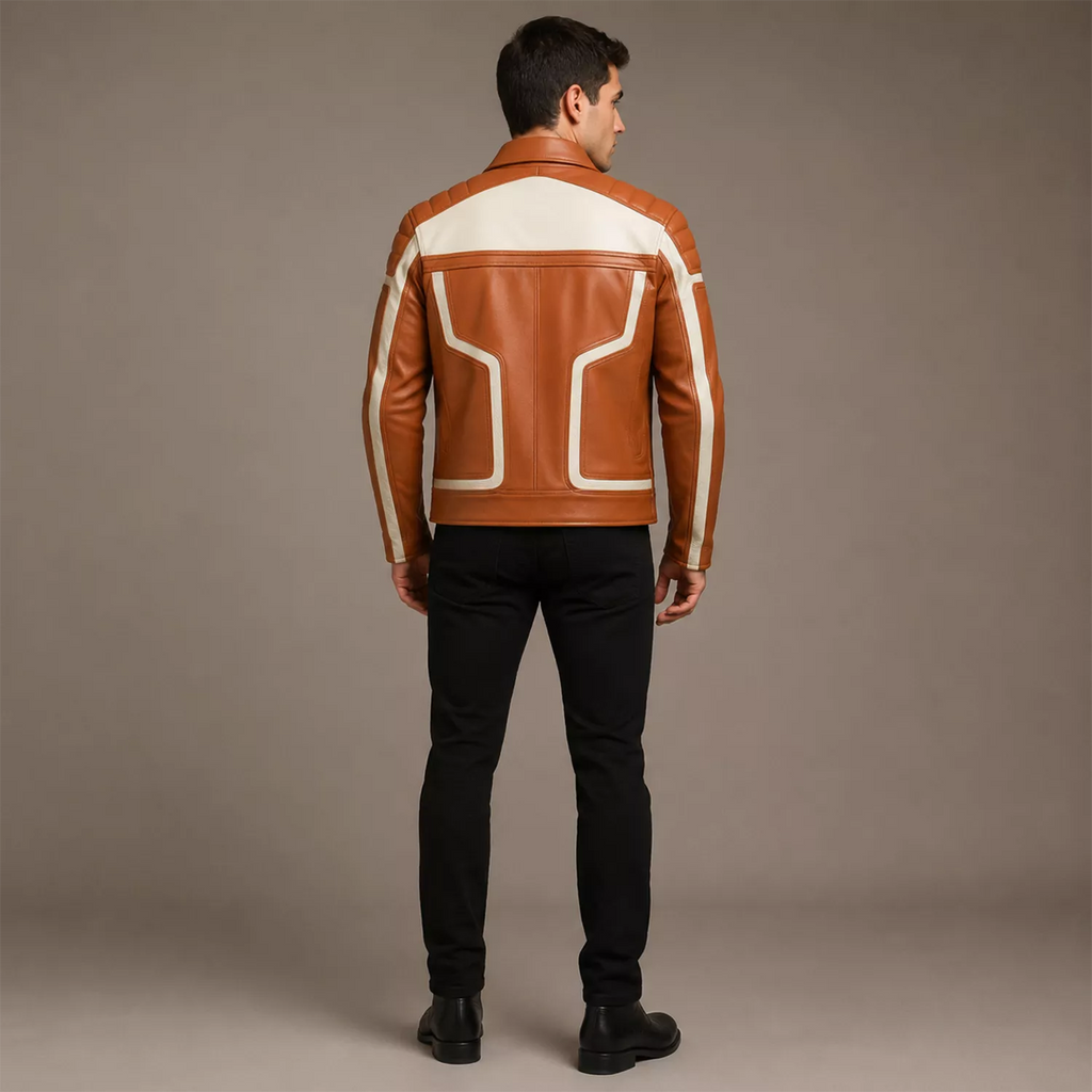 Men’s Tan White Leather Moto Biker Jacket | Zip-Up Racing Style Jacket