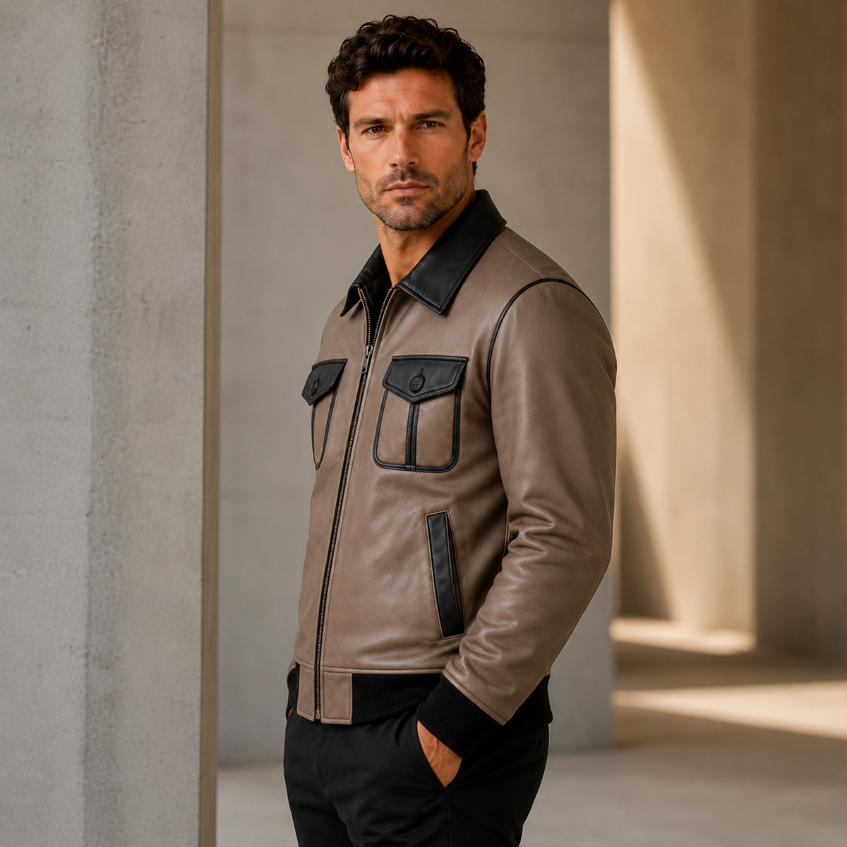 Men’s Taupe Black Leather Bomber Jacket | Zip-Up Casual Jacket