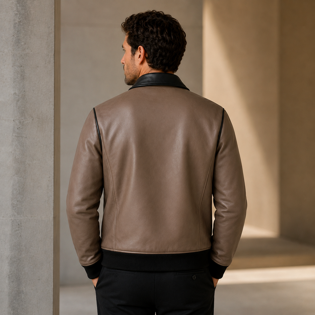 Men’s Taupe Black Leather Bomber Jacket | Zip-Up Casual Jacket