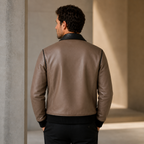 Men’s Taupe Black Leather Bomber Jacket | Zip-Up Casual Jacket