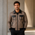 Men’s Taupe Black Leather Bomber Jacket | Zip-Up Casual Jacket