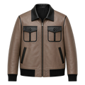 Men’s Taupe Black Leather Bomber Jacket | Zip-Up Casual Jacket
