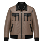 Men’s Taupe Black Leather Bomber Jacket | Zip-Up Casual Jacket