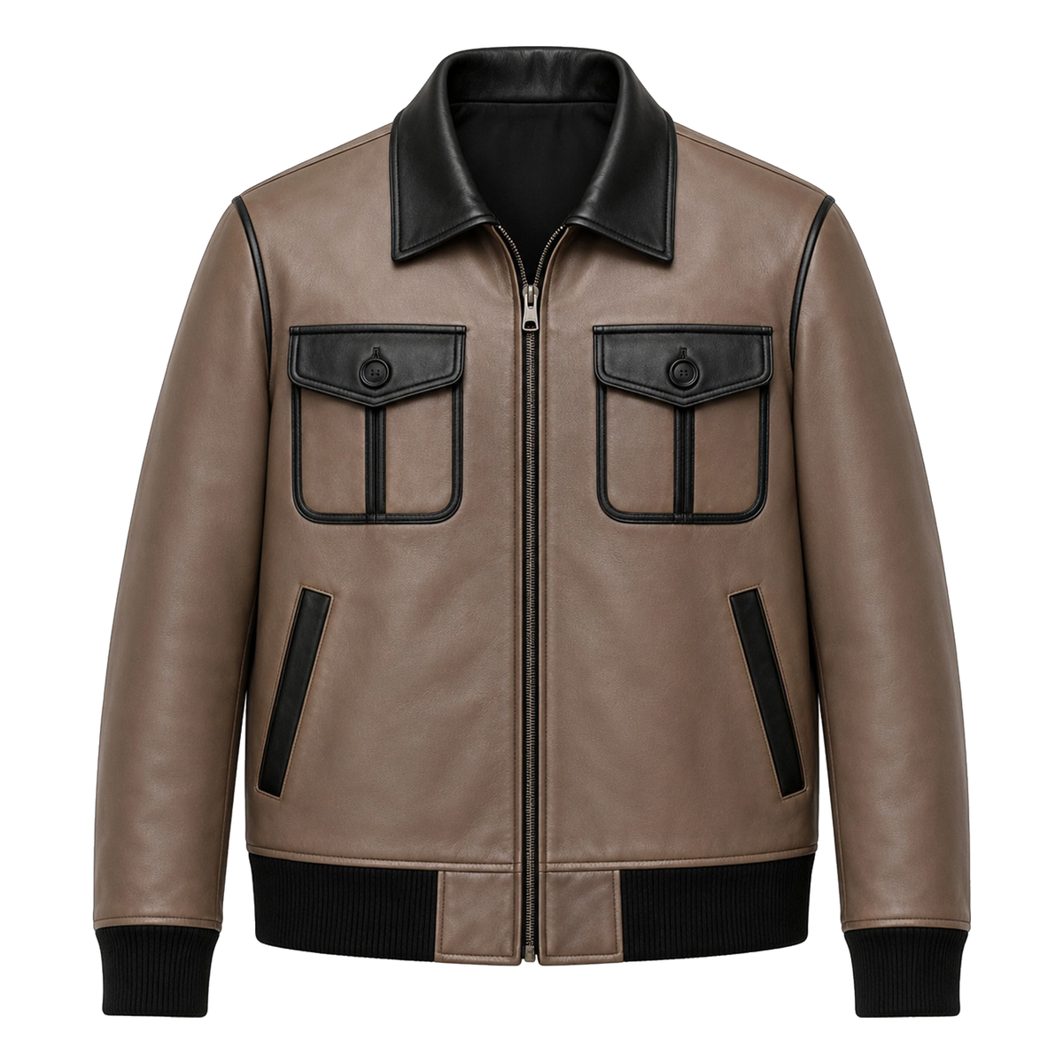 Men’s Taupe Black Leather Bomber Jacket | Zip-Up Casual Jacket
