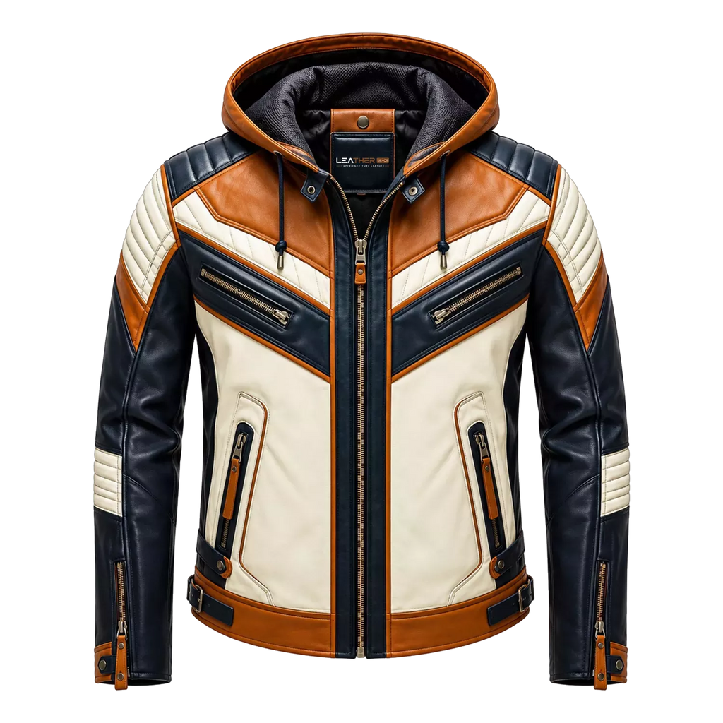 Men’s Tri-Color Hooded Leather Biker Jacket | Navy Cream Tan Jacket