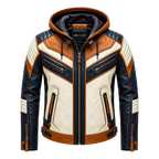 Men’s Tri-Color Hooded Leather Biker Jacket | Navy Cream Tan Jacket