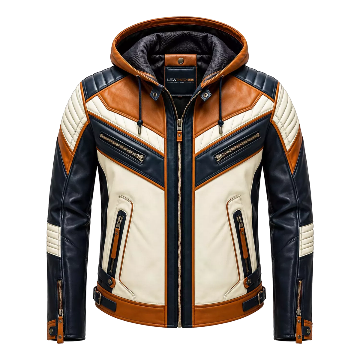 Men’s Tri-Color Hooded Leather Biker Jacket | Navy Cream Tan Jacket