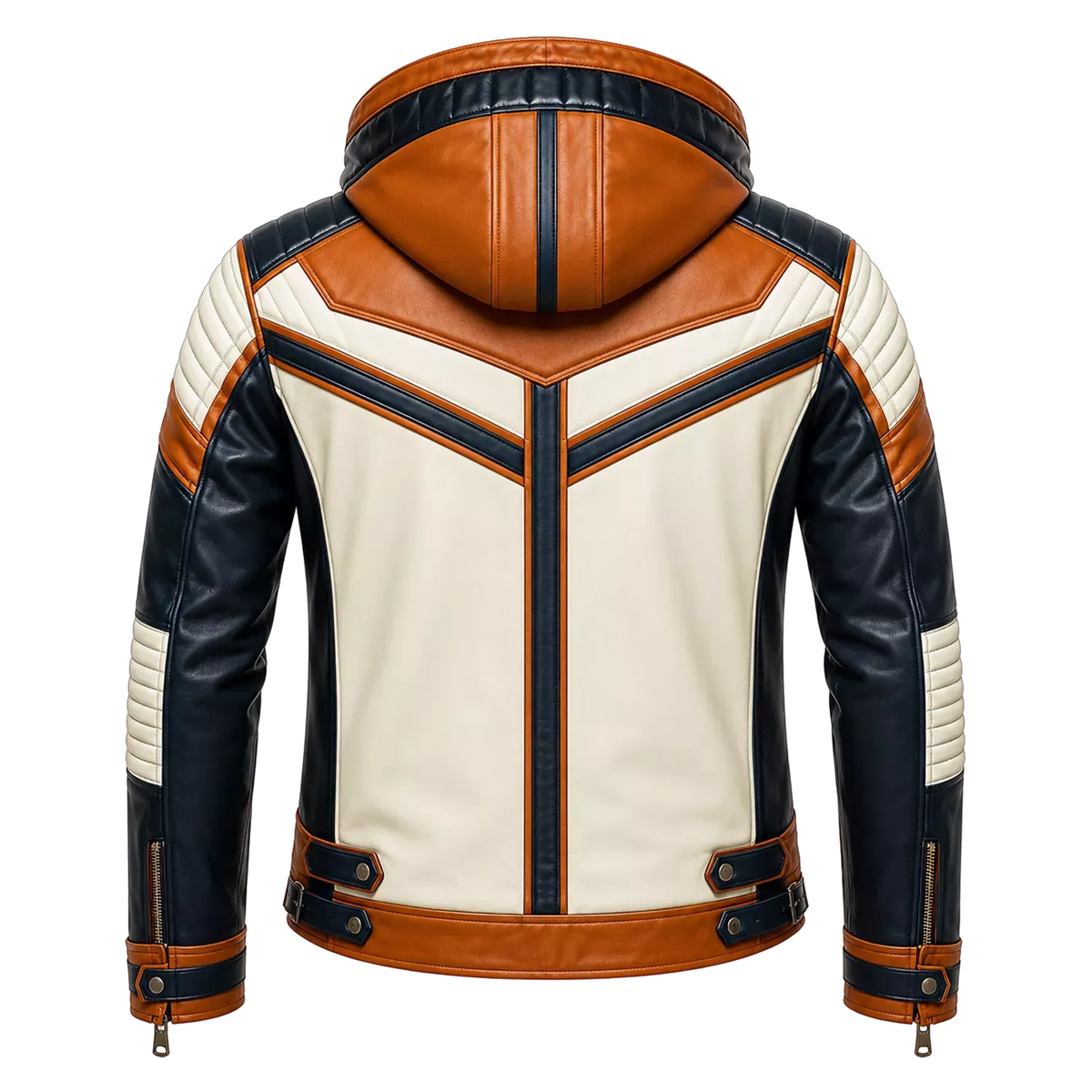 Men’s Tri-Color Hooded Leather Biker Jacket | Navy Cream Tan Jacket