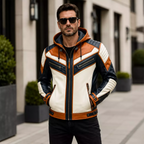 Men’s Tri-Color Hooded Leather Biker Jacket | Navy Cream Tan Jacket
