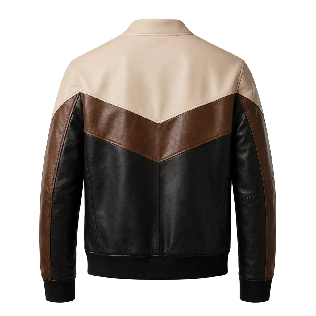 Men’s Tri-Color Leather Bomber Jacket with Zip Front