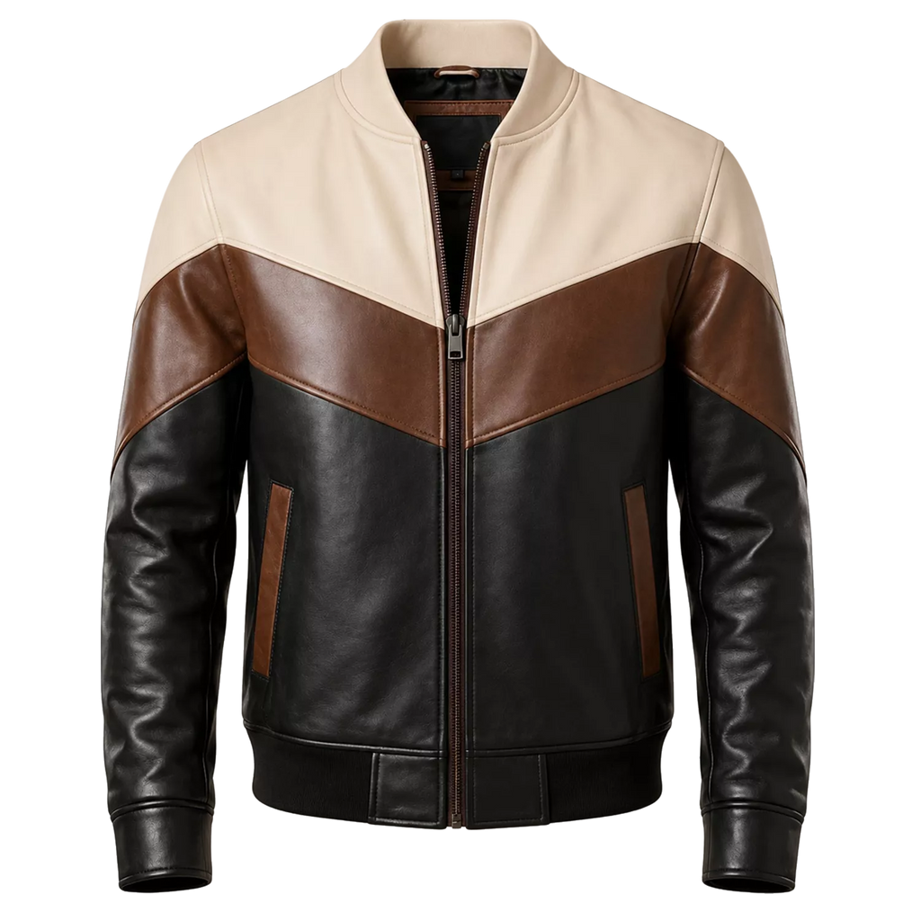 Men’s Tri-Color Leather Bomber Jacket with Zip Front