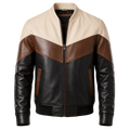 Men’s Tri-Color Leather Bomber Jacket with Zip Front