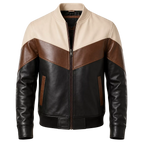 Men’s Tri-Color Leather Bomber Jacket with Zip Front
