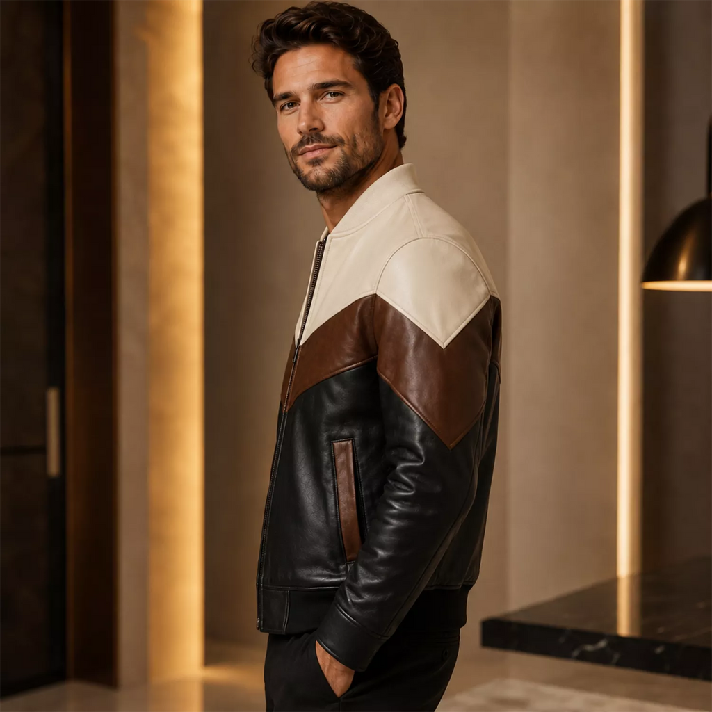 Men’s Tri-Color Leather Bomber Jacket with Zip Front