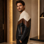 Men’s Tri-Color Leather Bomber Jacket with Zip Front
