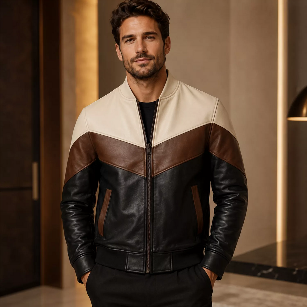 Men’s Tri-Color Leather Bomber Jacket with Zip Front