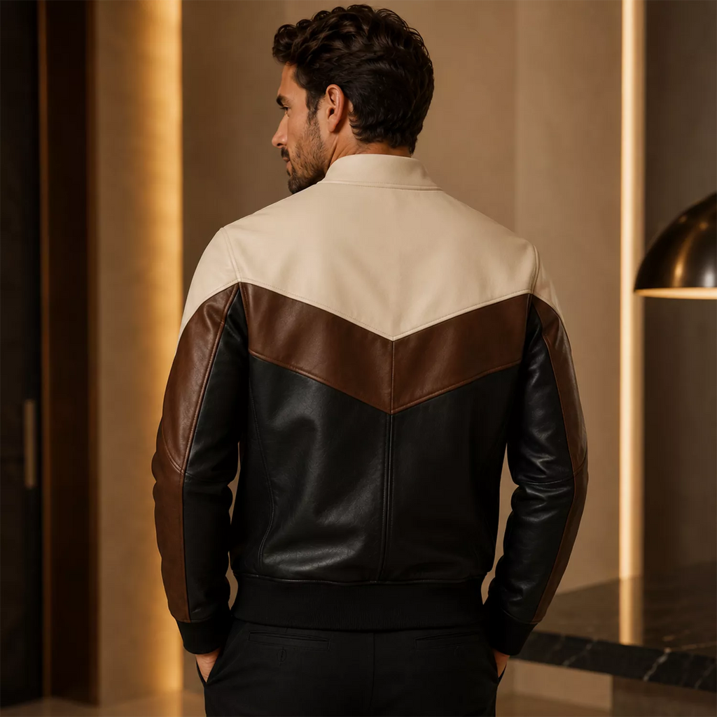 Men’s Tri-Color Leather Bomber Jacket with Zip Front