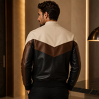 Men’s Tri-Color Leather Bomber Jacket with Zip Front