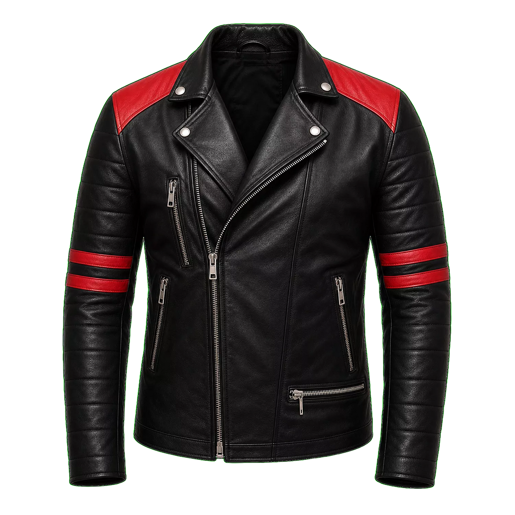 Men’s Two-Tone Leather Biker Jacket | Black Red Moto Racer Style