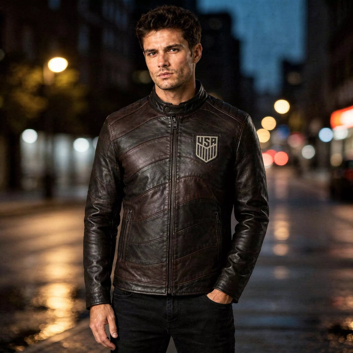 Men’s USA Soccer-Inspired Dark Brown Leather Jacket | Cafe Racer Biker Jacket
