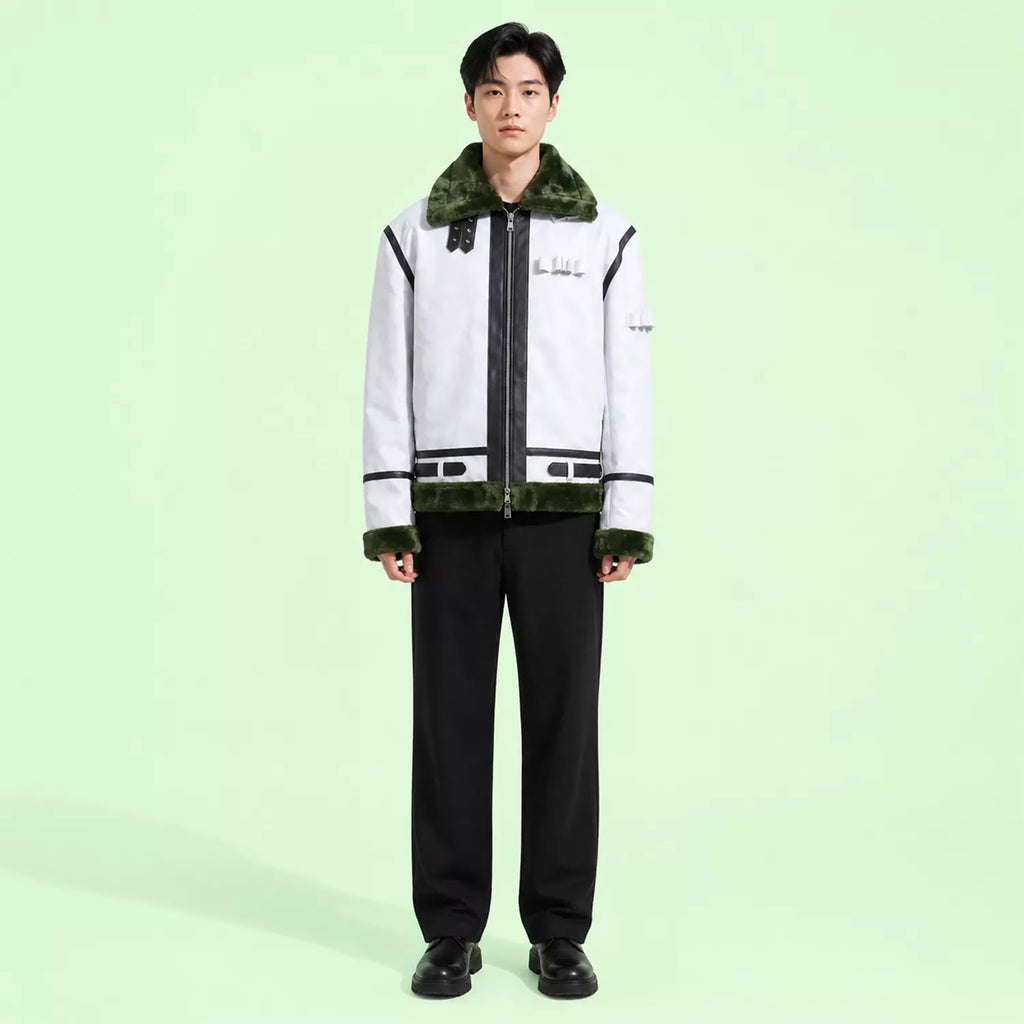 Men’s White Green Shearling Leather Jacket | Aviator Style Winter Jacket