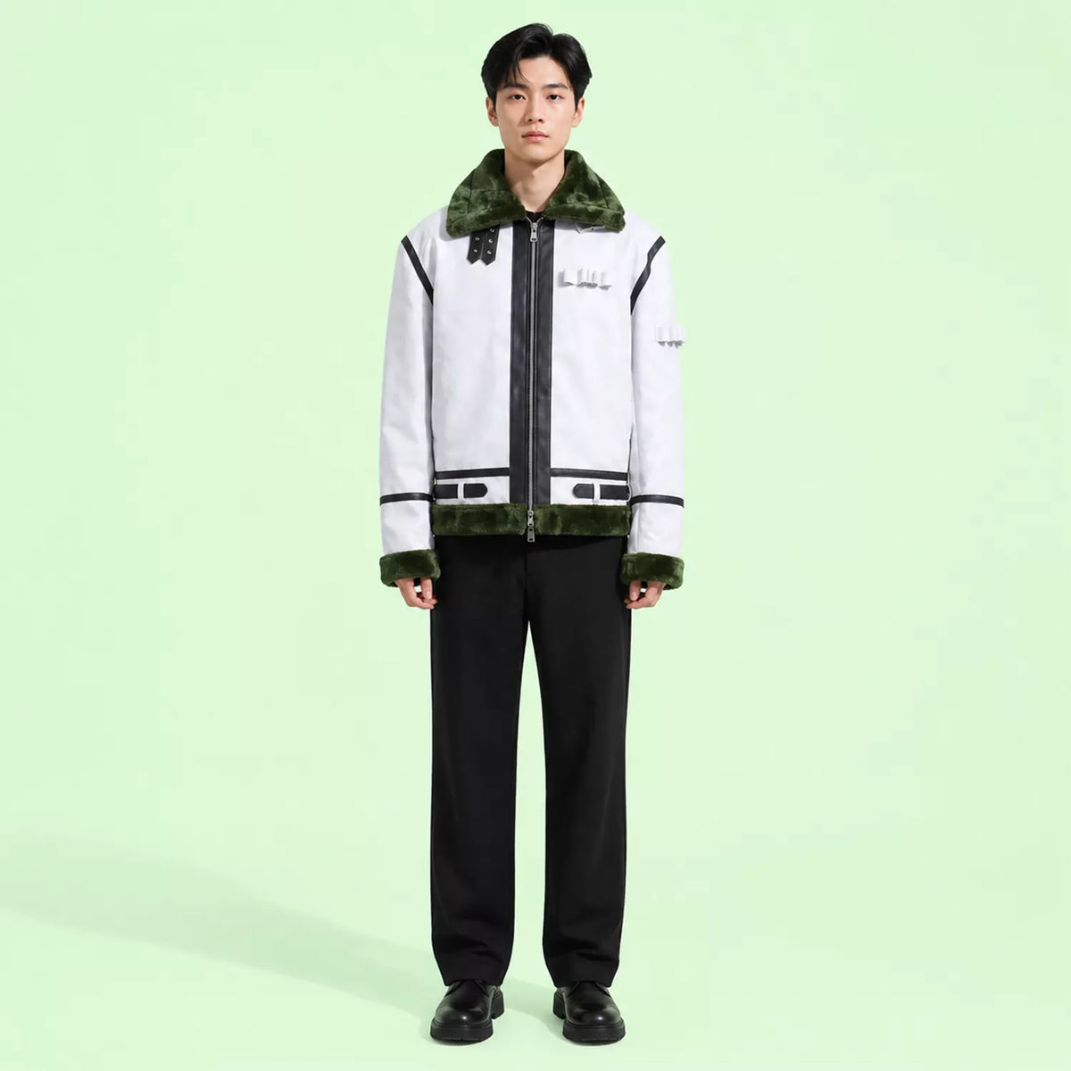 Men’s White Green Shearling Leather Jacket | Aviator Style Winter Jacket