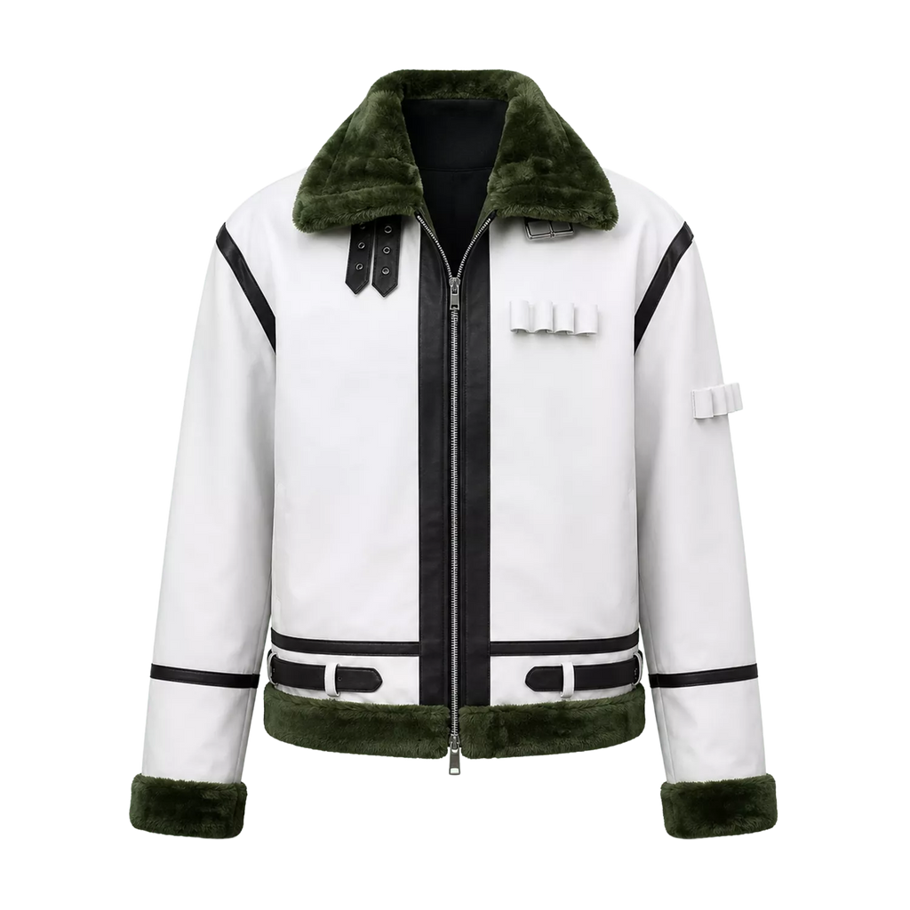 Men’s White Green Shearling Leather Jacket | Aviator Style Winter Jacket