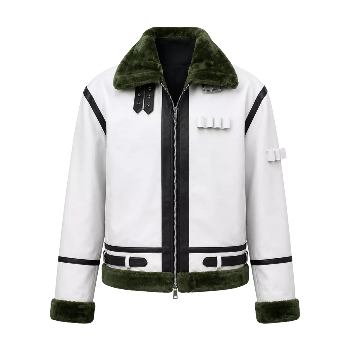 Men’s White Green Shearling Leather Jacket | Aviator Style Winter Jacket