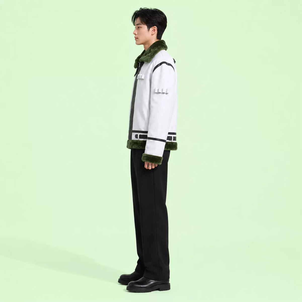 Men’s White Green Shearling Leather Jacket | Aviator Style Winter Jacket