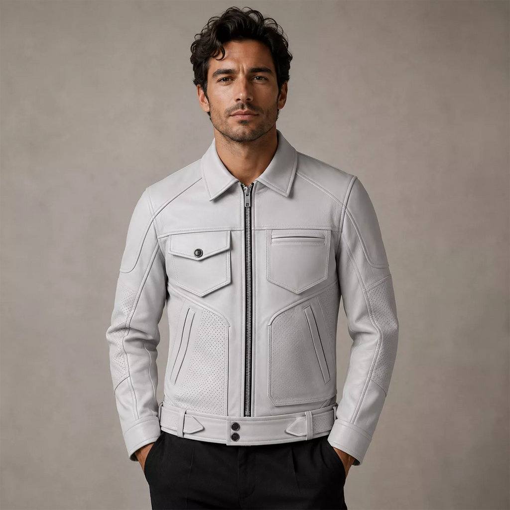 Men’s White Utility Leather Biker Jacket | Zip-Up Moto Jacket