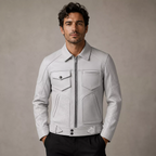 Men’s White Utility Leather Biker Jacket | Zip-Up Moto Jacket
