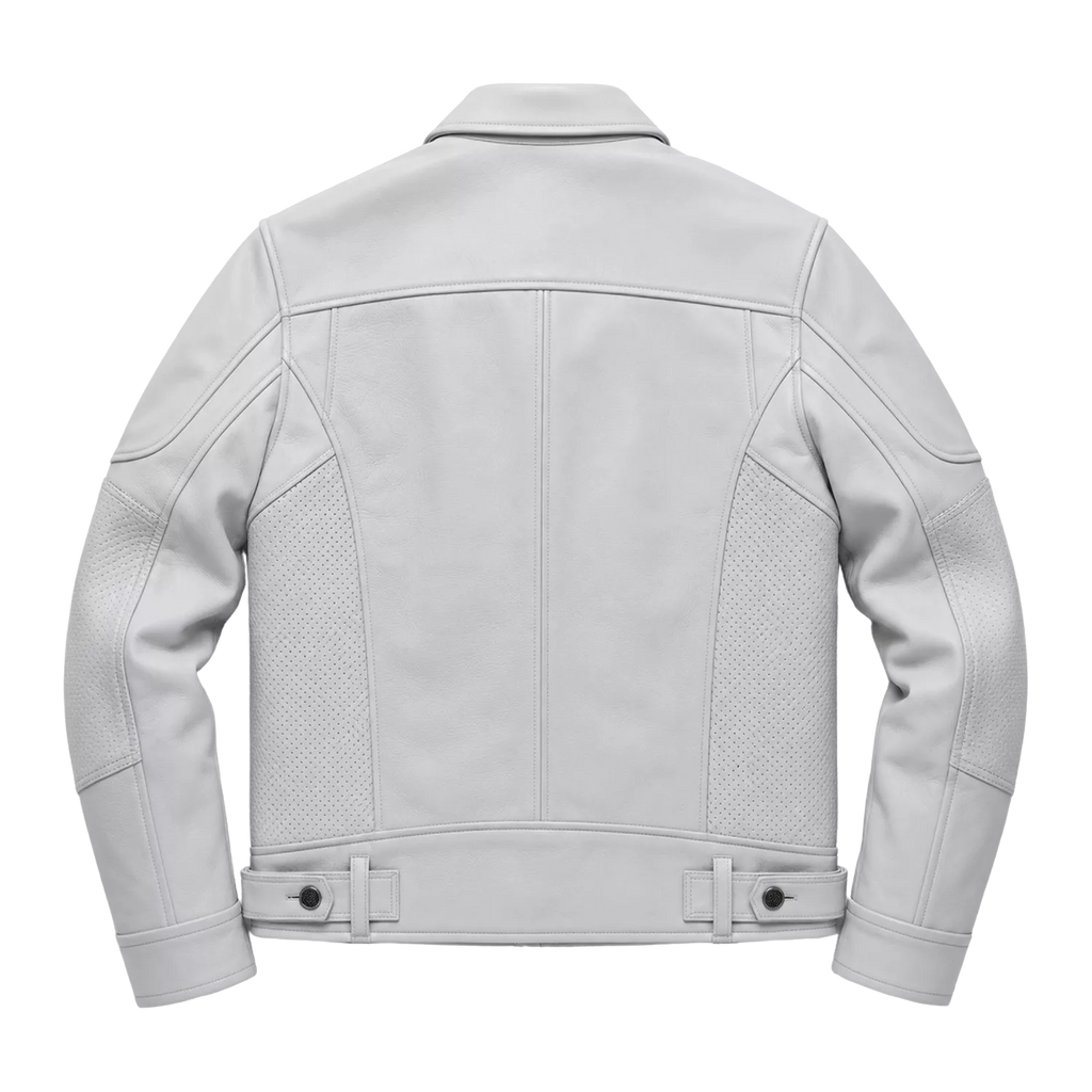 Men’s White Utility Leather Biker Jacket | Zip-Up Moto Jacket