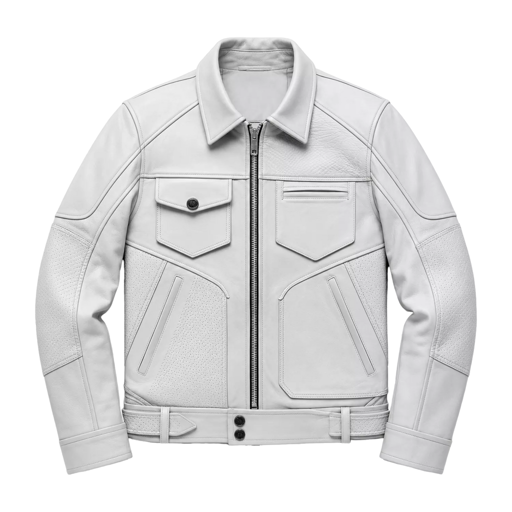 Men’s White Utility Leather Biker Jacket | Zip-Up Moto Jacket