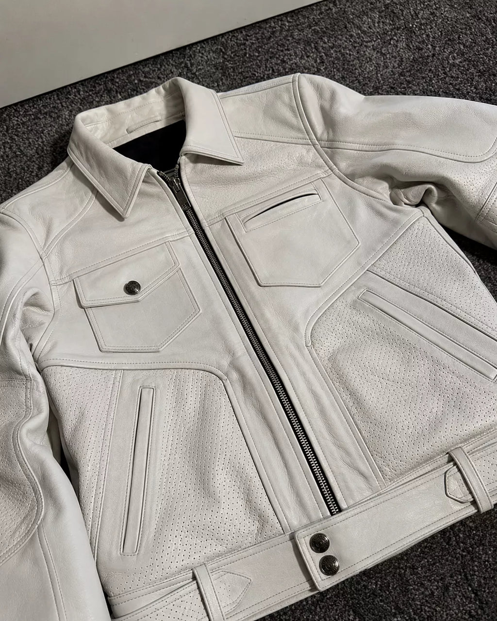 Men’s White Utility Leather Biker Jacket | Zip-Up Moto Jacket