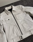 Men’s White Utility Leather Biker Jacket | Zip-Up Moto Jacket