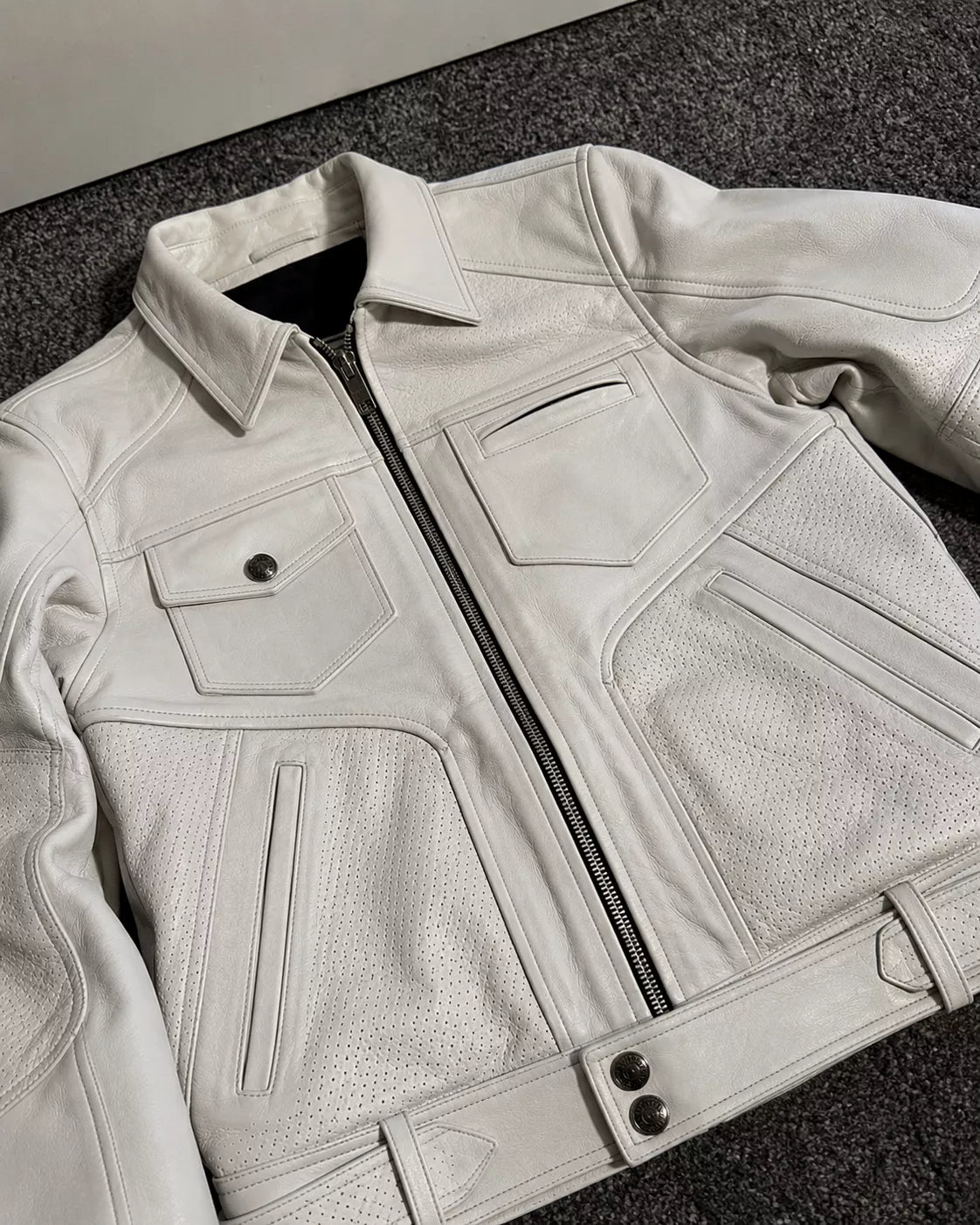 Men’s White Utility Leather Biker Jacket | Zip-Up Moto Jacket