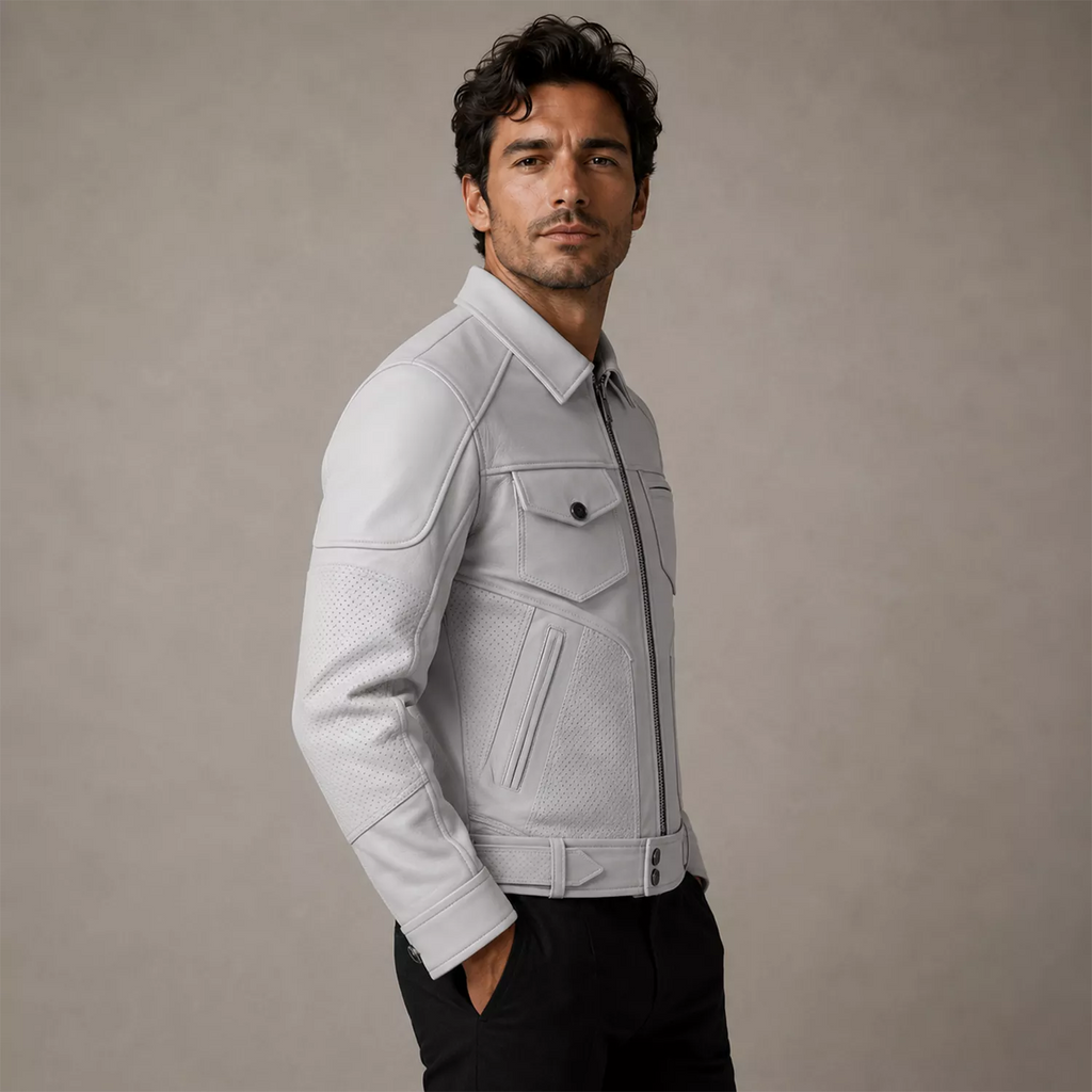Men’s White Utility Leather Biker Jacket | Zip-Up Moto Jacket