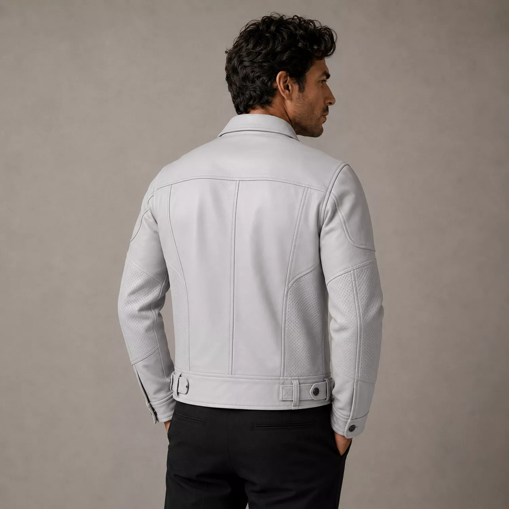 Men’s White Utility Leather Biker Jacket | Zip-Up Moto Jacket