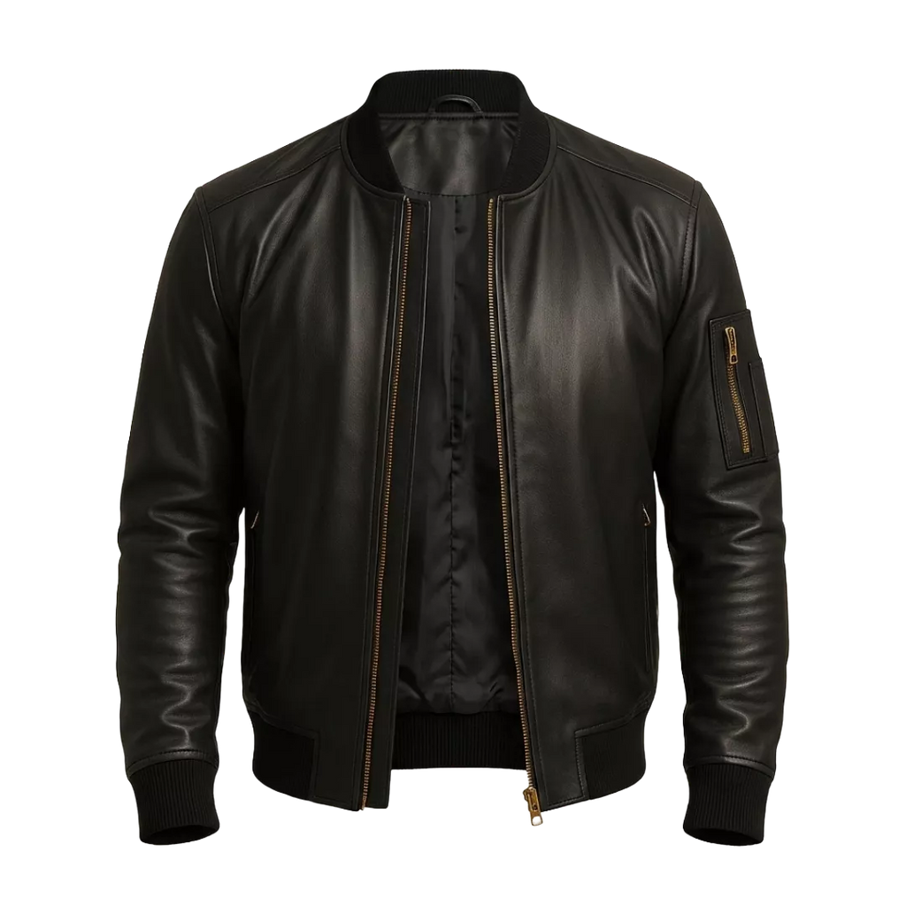 Men’s Black Leather Bomber Jacket with Utility Sleeve Pocket