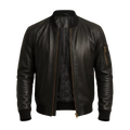 Men’s Black Leather Bomber Jacket with Utility Sleeve Pocket