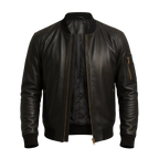 Men’s Black Leather Bomber Jacket with Utility Sleeve Pocket