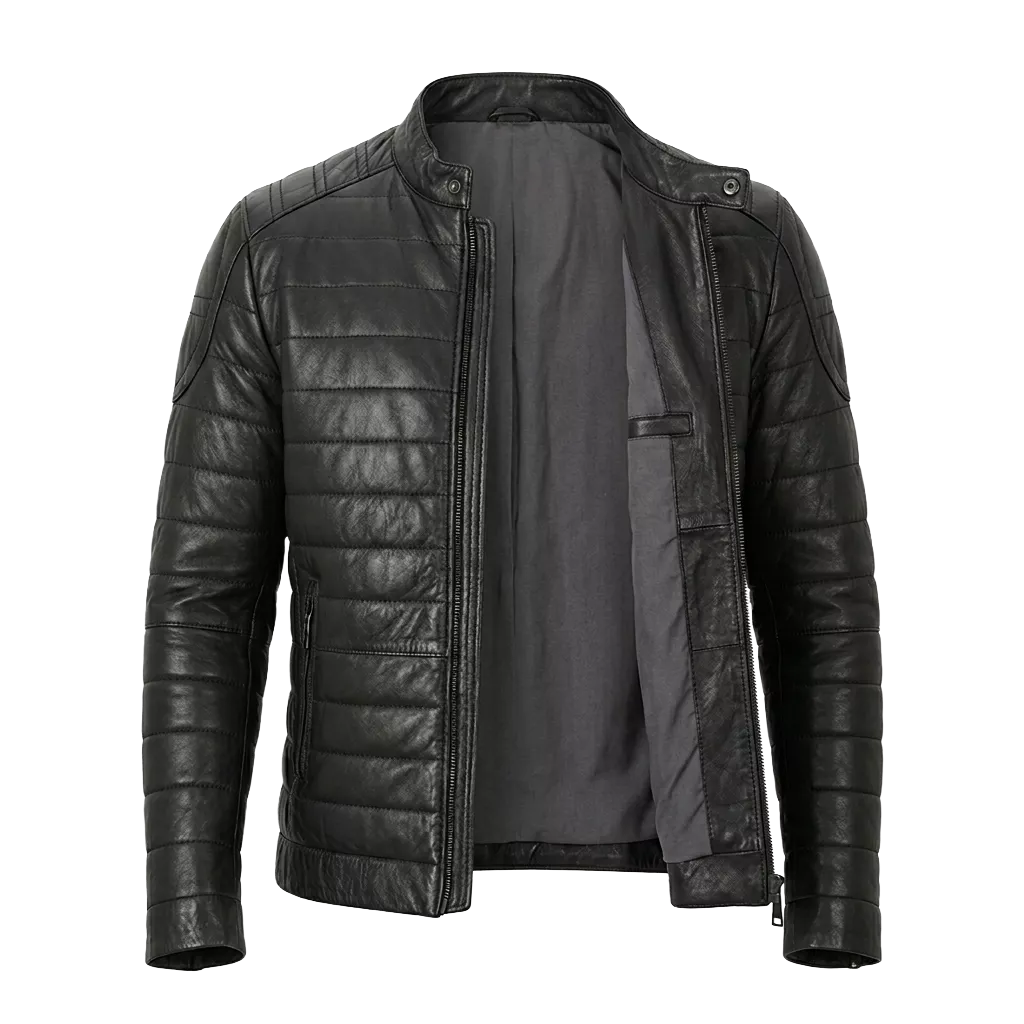 Men's Black Quilted Vintage Leather Puffer Biker Jacket