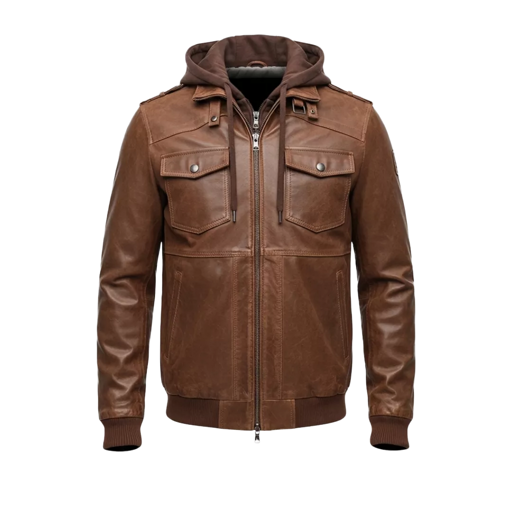 Men’s Brown Hooded Leather Bomber Jacket – Removable Hoodie, Multi-Pocket Design