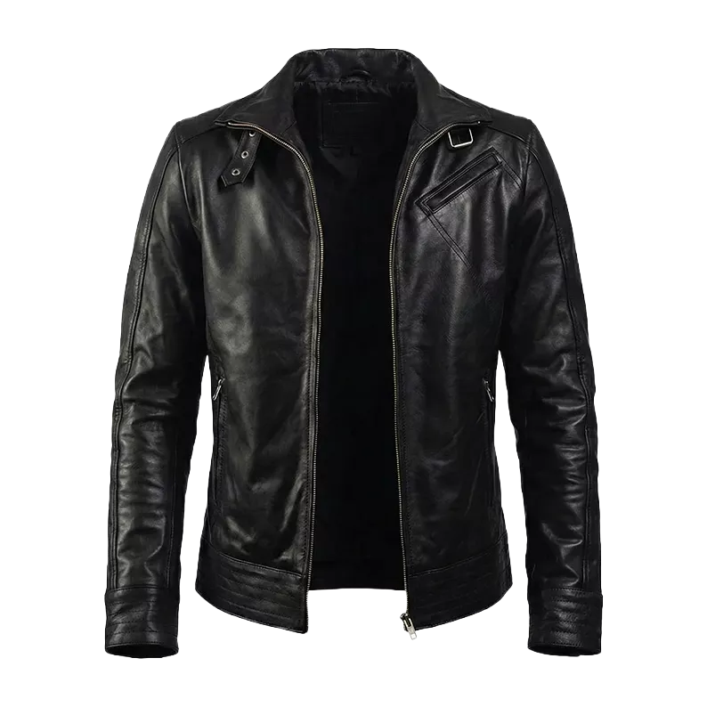 Men’s Black Cafe Racer Leather Jacket with Front Zip Closure