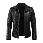 Men’s Black Cafe Racer Leather Jacket with Front Zip Closure